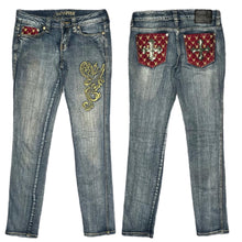 Load image into Gallery viewer, Violet Pink Gothic Cross Sequin Red Blue Y2K Mcbling Skinny Jeans, Waist 30
