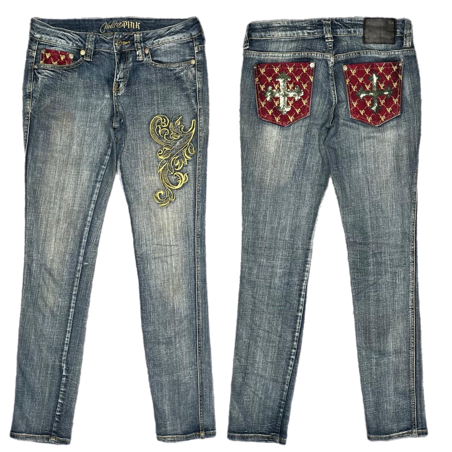 Violet Pink Gothic Cross Sequin Red Blue Y2K Mcbling Skinny Jeans, Waist 30