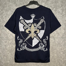 Load image into Gallery viewer, Attitude Gold Navy Fleur De Lis Shield Y2K Gothic Top, Size L
