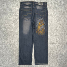 Load image into Gallery viewer, Panther Embroidered Blue Y2K Vintage Tattoo Style Jeans, Waist 34/ Medium
