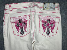 Load image into Gallery viewer, Raw Blue Y2K Pink Embroidered Angel Wing Gothic Cross Skinny 2000s Jeans, Size S
