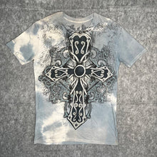 Load image into Gallery viewer, Ring of Fire Light Blue Tie Dye Gothic Cross Chrome Cyber Top, Size Medium
