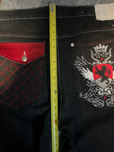 Load image into Gallery viewer, B.Denim Y2K Hiphop Embroidered Red and White Dark Wash Jeans, Size 3XL
