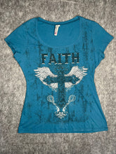 Load image into Gallery viewer, Ransom Faith Gothic Cross Y2K Angel Wing Blue Top, Size XL
