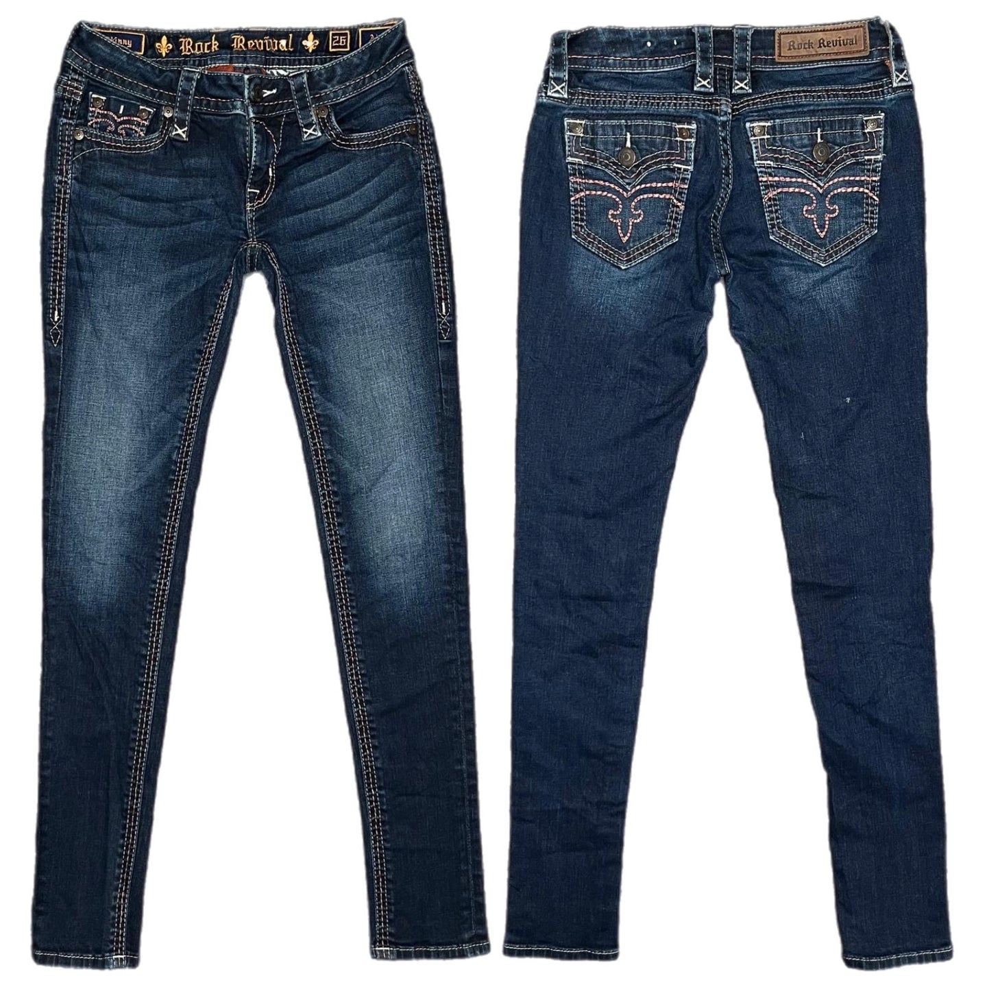 Rock Revival Red Stitch Skinny Dark Blue Y2K Mcbling 2000s Jeans, Waist 26