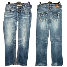Load image into Gallery viewer, BKE Couture Bootcut Blue Y2K Embroidered Jeans, Size S/M
