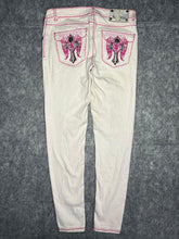 Load image into Gallery viewer, Raw Blue Y2K Pink Embroidered Angel Wing Gothic Cross Skinny 2000s Jeans, Size S
