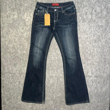 Load image into Gallery viewer, Zanadi Y2K Mcbling Dark Blue White Mcbling Flared 2000s Jeans, Size Medium/ w32
