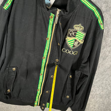 Load image into Gallery viewer, Coogi Black Crest Logo Bomber Jacket Green Stripe Y2K Streetwear (XL)
