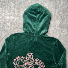 Load image into Gallery viewer, Juicy Couture Dark Green Pink Crown Tiara Y2K Mcbling Velour Zip Hoodie, Small
