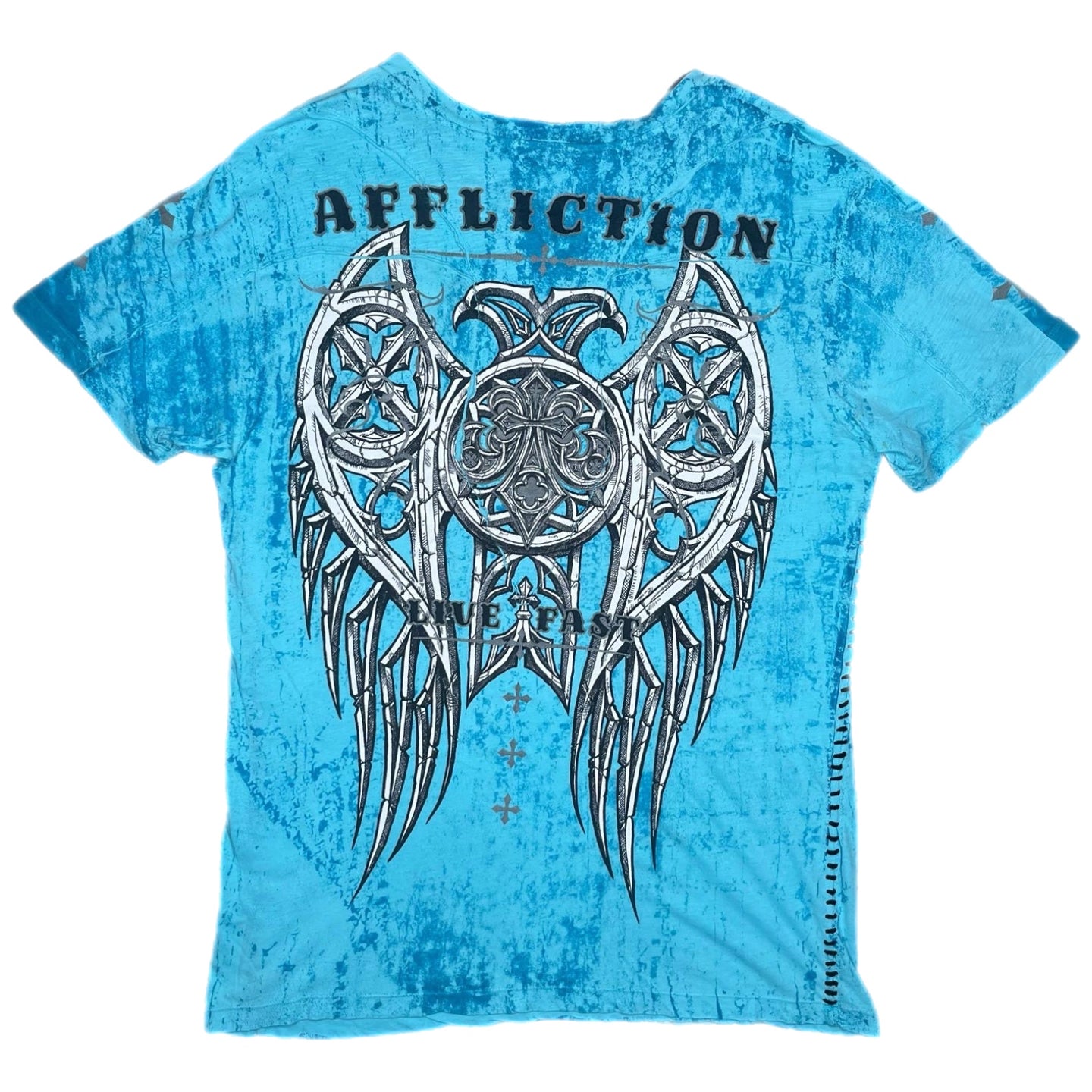 Affliction Blue Cyber Tribal Angel Wing Y2K 2000s Grunge Top, Size Large