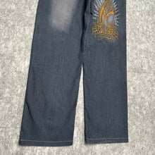 Load image into Gallery viewer, Panther Embroidered Blue Y2K Vintage Tattoo Style Jeans, Waist 34/ Medium
