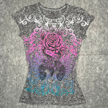 Load image into Gallery viewer, In Vein Y2K Grey Pink Mcbling Rose 2000s Top, Size Medium
