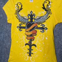 Load image into Gallery viewer, Y2K Yellow Angel Wing Gothic Cross 2000s Sparkly Top, Size Large
