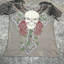 Load image into Gallery viewer, Affliction Grey Gothic Cross Angel Wing Rose Cyber Grunge Top, Size Medium
