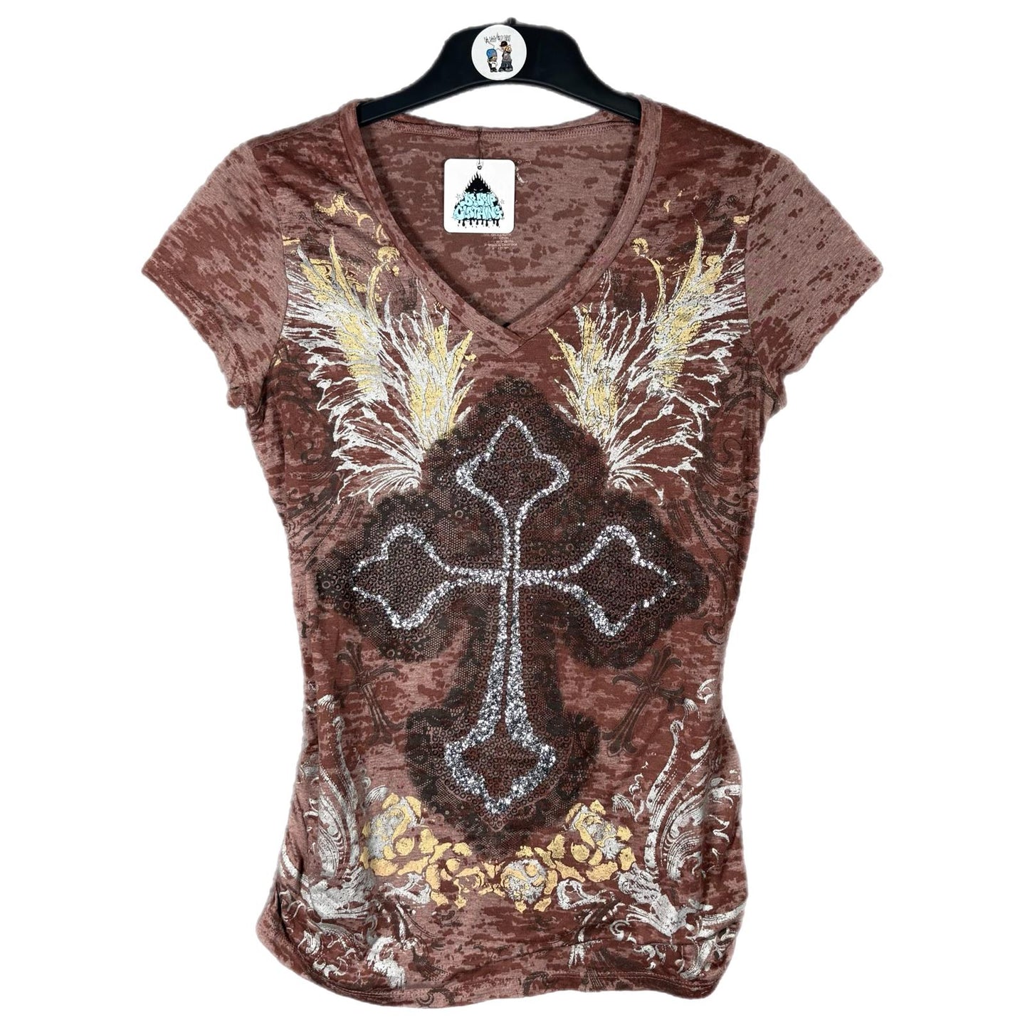 Rock 47 by Wrangler Y2K Mcbling Sequin Cross Brown Burnout Top Size Small