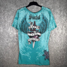 Load image into Gallery viewer, Sinful Graphic Winged Dagger Roses Tee Turquoise Distressed Style Size XL
