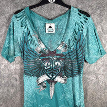 Load image into Gallery viewer, Sinful Graphic Winged Dagger Roses Tee Turquoise Distressed Style Size XL
