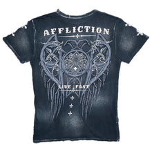 Load image into Gallery viewer, Affliction Cyber Tribal 2000s Gothic Angel Wing Live Fast Navy Grey Top, Size M
