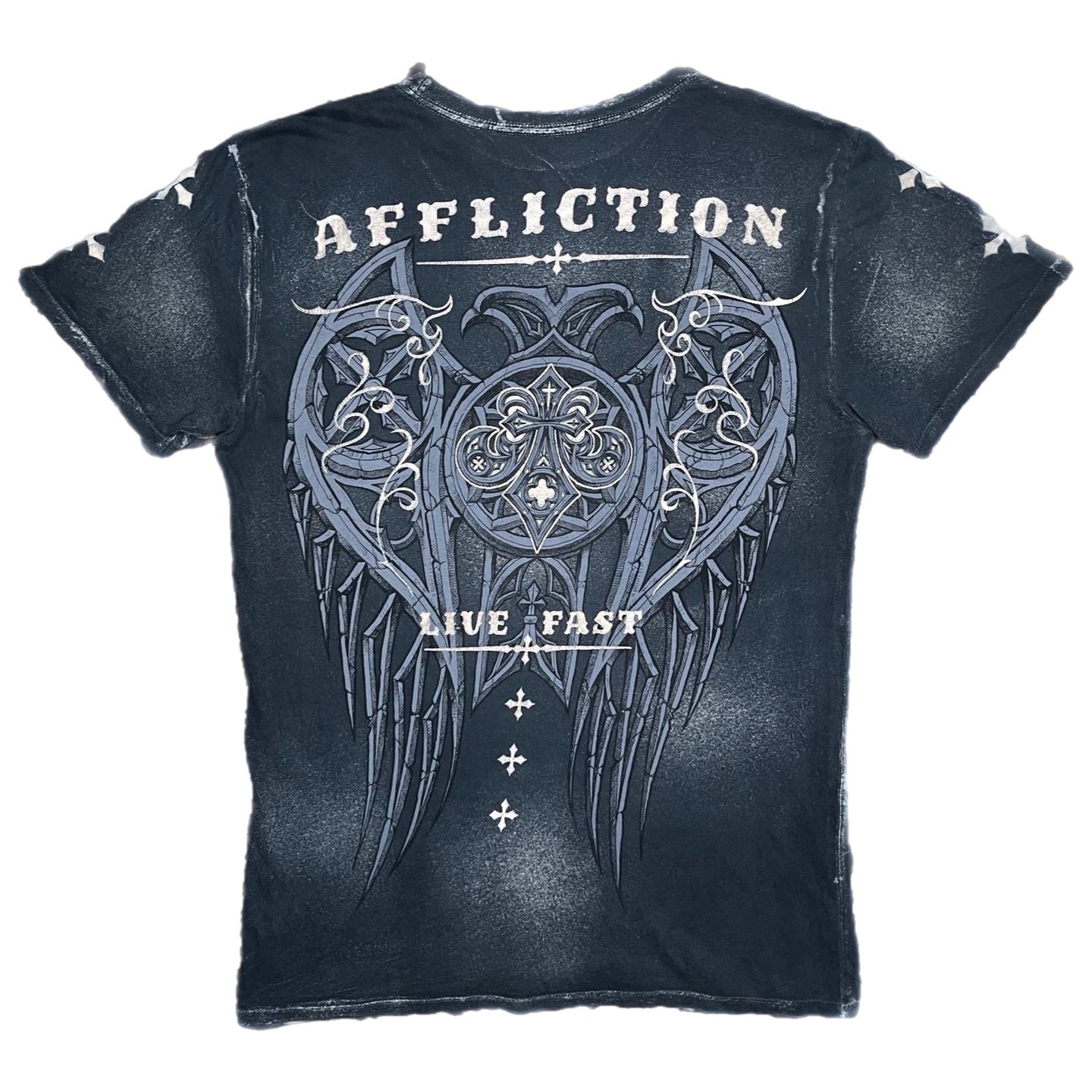 Affliction Cyber Tribal 2000s Gothic Angel Wing Live Fast Navy Grey Top, Size M