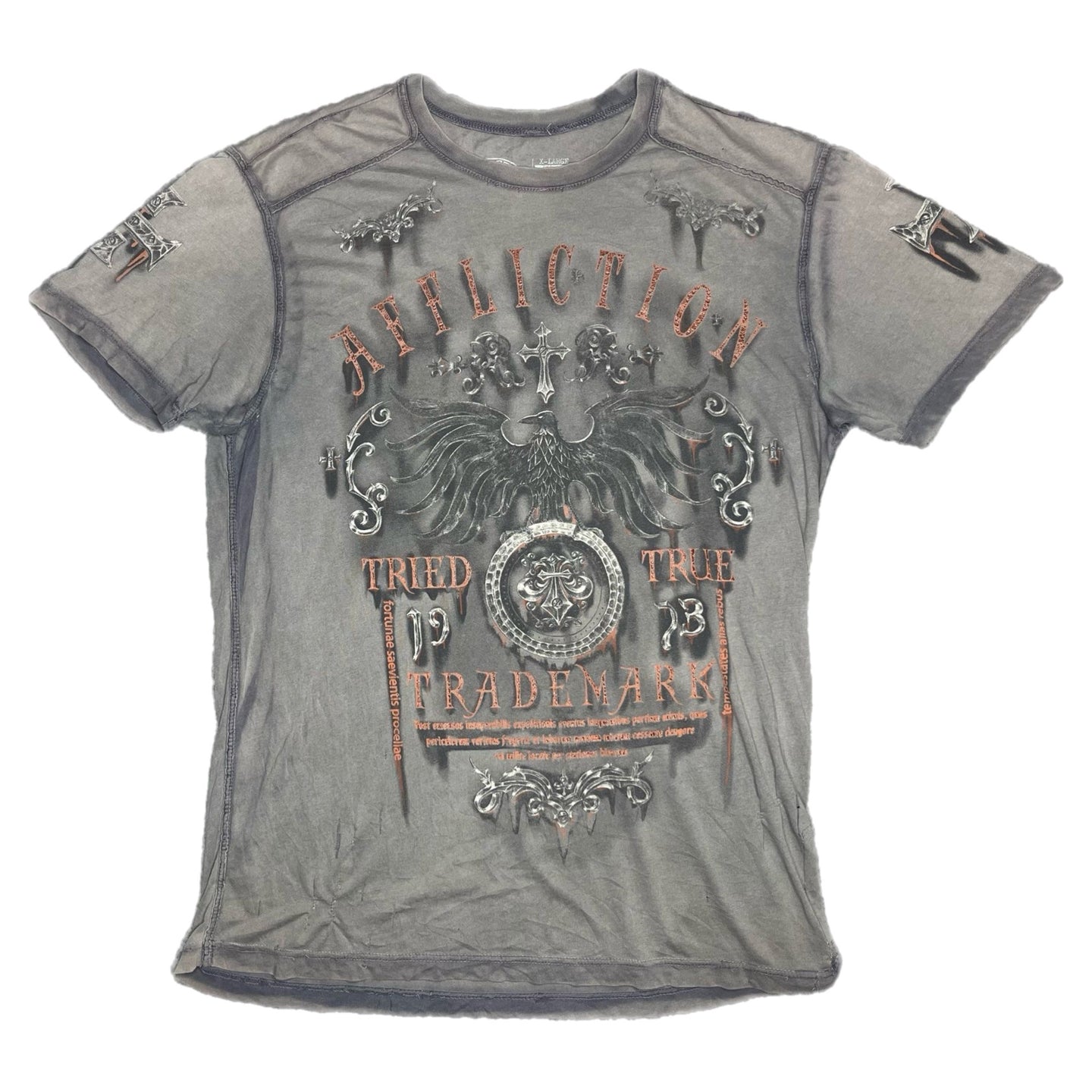 Affliction Grey Orange Gothic Grunge 2000s Top, Size XL