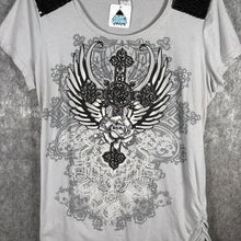 Load image into Gallery viewer, Grey Graphic Wings Cross Tee with Sequin Shoulders – Size 2XL
