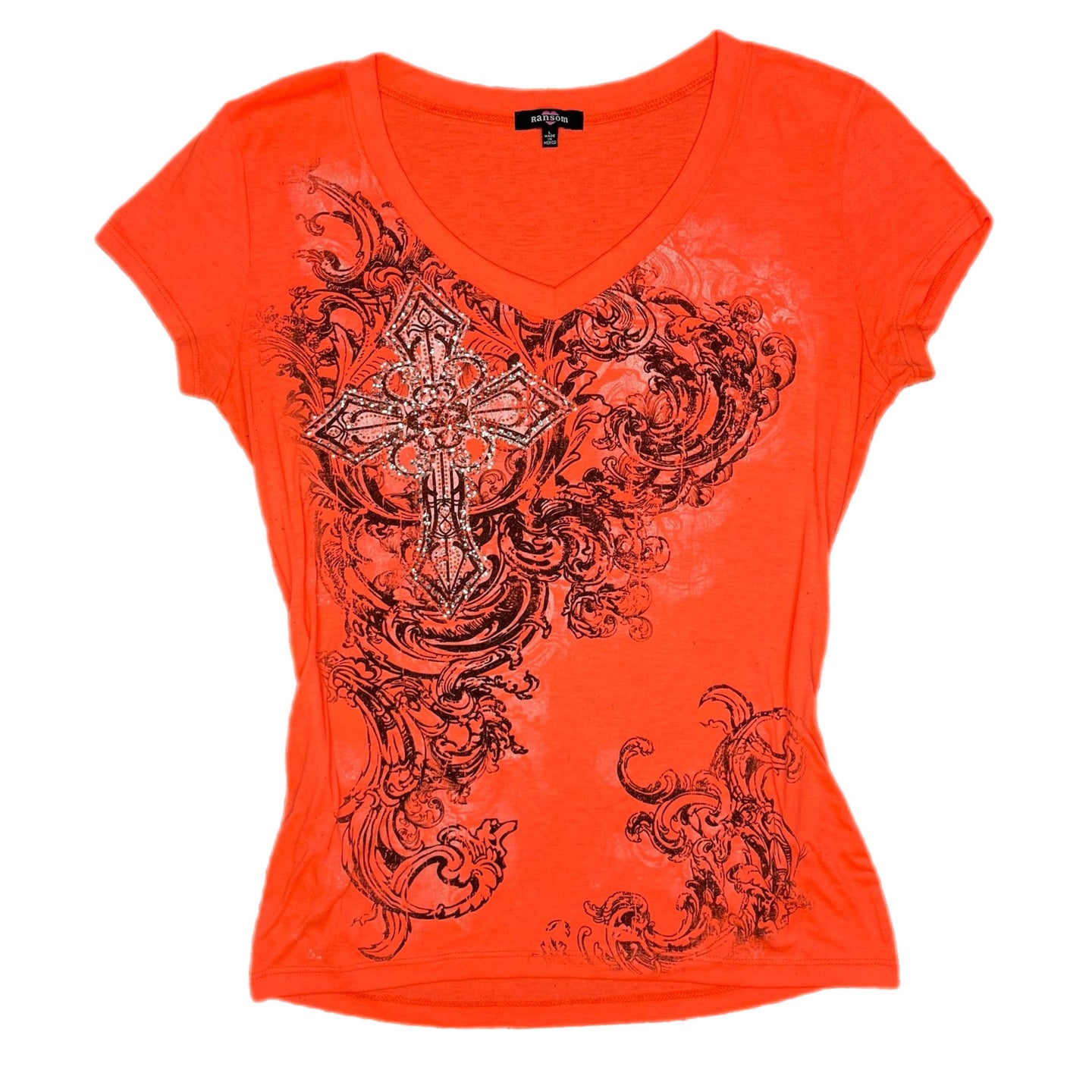 Ransom Gothic Cross Neon Orange Grunge Y2K Mcbling Top, Size Large