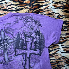 Load image into Gallery viewer, The Raw Uncut Purple Gothic Cross Angel Wing Y2K Grunge 2000s Top, Size Large
