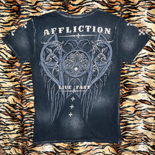 Load image into Gallery viewer, Affliction Cyber Tribal 2000s Gothic Angel Wing Live Fast Navy Grey Top, Size M
