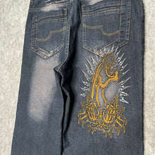 Load image into Gallery viewer, Panther Embroidered Blue Y2K Vintage Tattoo Style Jeans, Waist 34/ Medium
