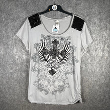 Load image into Gallery viewer, Grey Graphic Wings Cross Tee with Sequin Shoulders – Size 2XL
