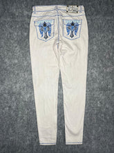 Load image into Gallery viewer, Raw Blue Gothic Angel Wing Y2k White Blue Embroidered Grunge Jeans, Size Small
