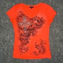 Load image into Gallery viewer, Ransom Gothic Cross Neon Orange Grunge Y2K Mcbling Top, Size Large
