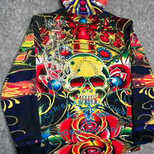 Load image into Gallery viewer, Christian Audigier Multicoloured Skull Y2K Vintage 2000s Tattoo Style Hoodie, M
