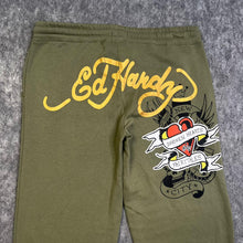 Load image into Gallery viewer, Ed Hardy Khaki Tattoo Y2K Flared Joggers, Size XL
