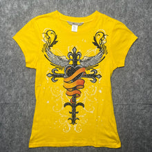 Load image into Gallery viewer, Y2K Yellow Angel Wing Gothic Cross 2000s Sparkly Top, Size Large
