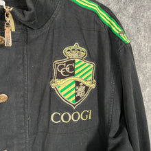 Load image into Gallery viewer, Coogi Black Crest Logo Bomber Jacket Green Stripe Y2K Streetwear (XL)
