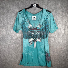 Load image into Gallery viewer, Sinful Graphic Winged Dagger Roses Tee Turquoise Distressed Style Size XL

