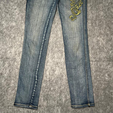 Load image into Gallery viewer, Violet Pink Gothic Cross Sequin Red Blue Y2K Mcbling Skinny Jeans, Waist 30
