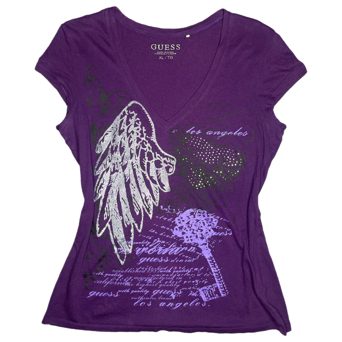 Guess Y2K Angel Wing Purple Rhinestone Top, Size XL