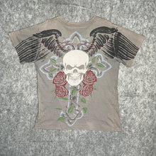 Load image into Gallery viewer, Affliction Grey Gothic Cross Angel Wing Rose Cyber Grunge Top, Size Medium
