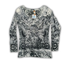 Load image into Gallery viewer, S-Twelve Grey Diamante Unique Ornate Baroque Fear Graphic Grunge Top, Size M
