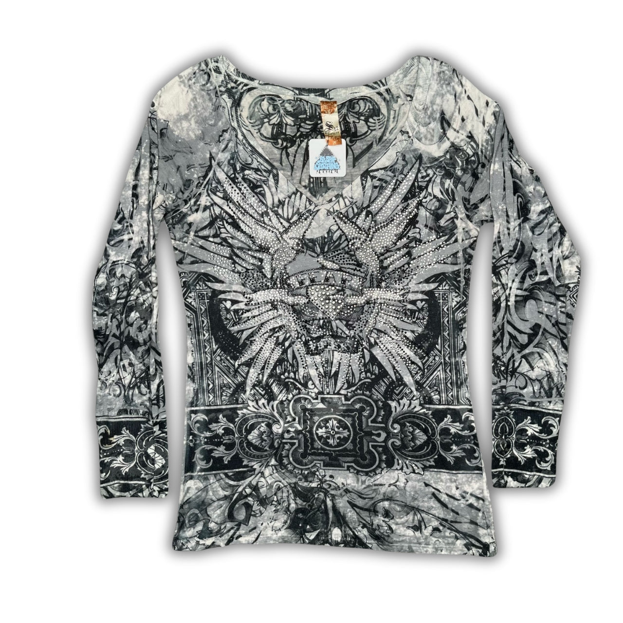 S-Twelve Grey Diamante Unique Ornate Baroque Fear Graphic Grunge Top, Size M