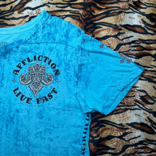 Load image into Gallery viewer, Affliction Blue Cyber Tribal Angel Wing Y2K 2000s Grunge Top, Size Large
