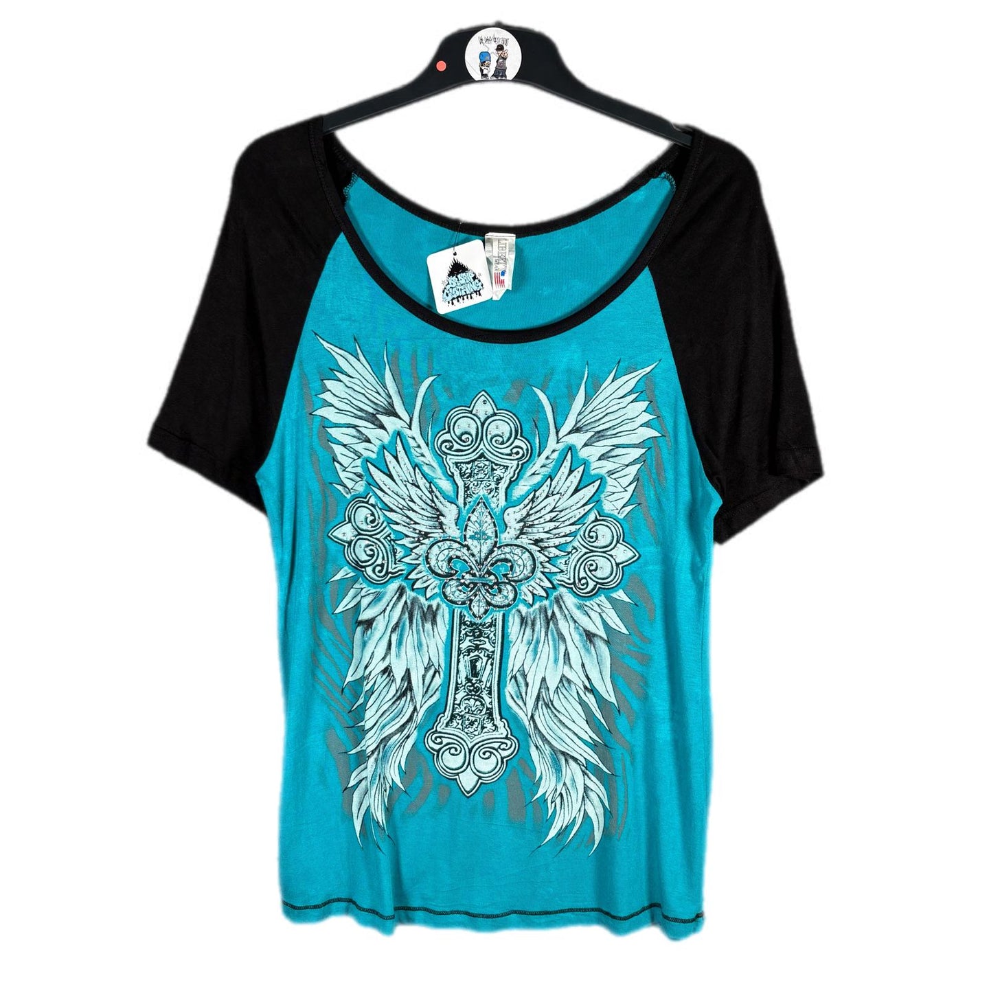 Liberty Wear Turquoise Cross Graphic Angel Wings Top Tee XL Y2K Aesthetic