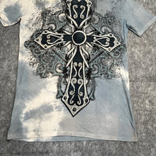 Load image into Gallery viewer, Ring of Fire Light Blue Tie Dye Gothic Cross Chrome Cyber Top, Size Medium
