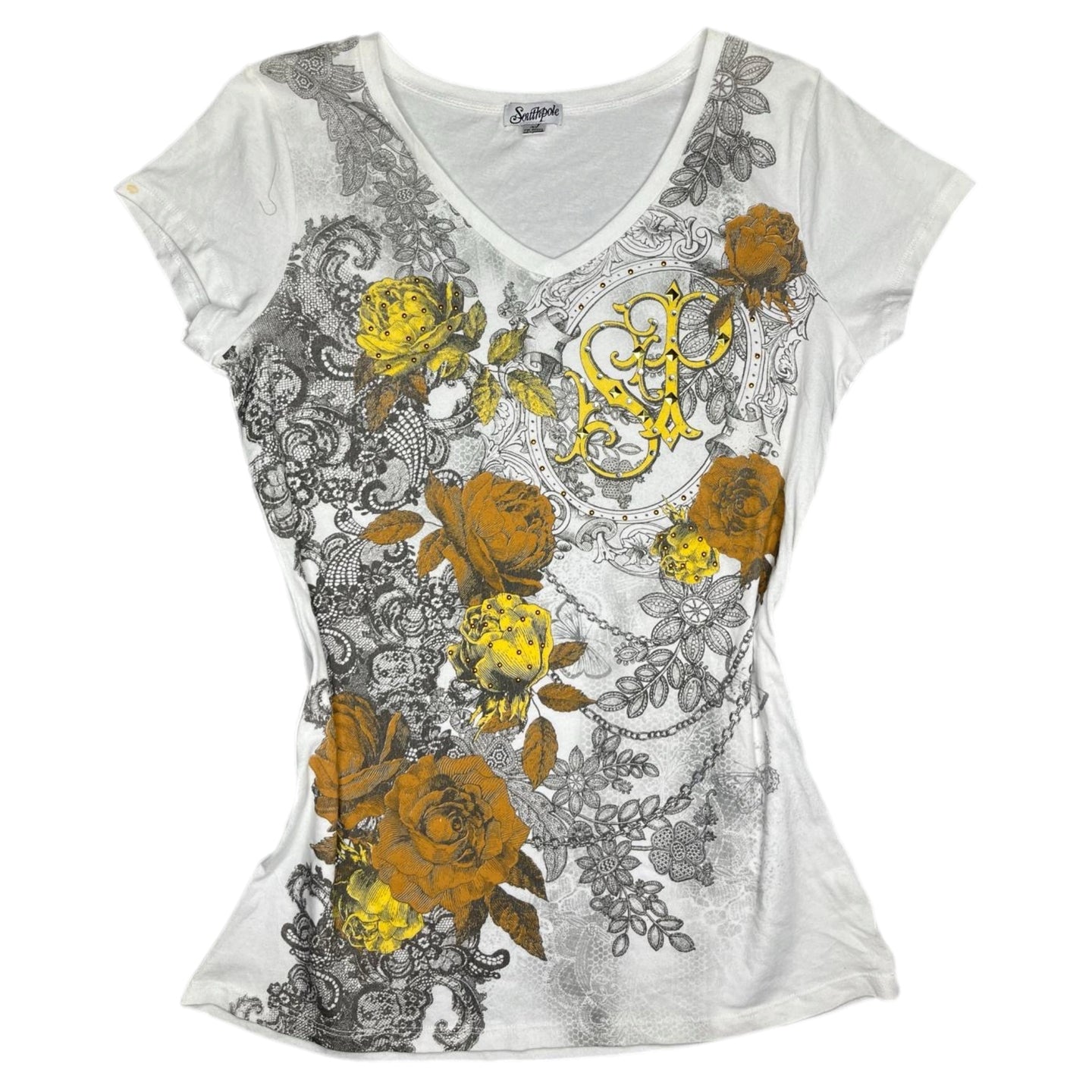 Southpole Y2K Floral Lace Gold Orange V Neck Top, Size XL