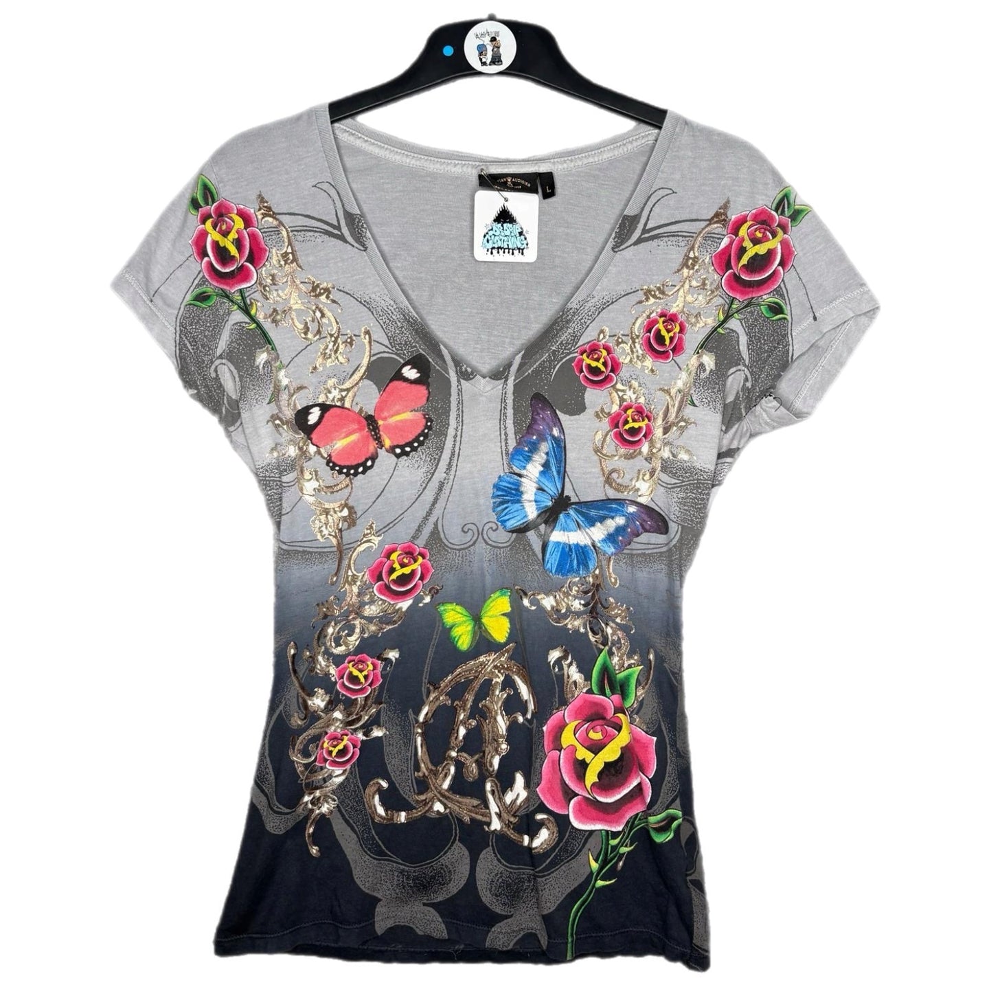 Christian Audigier Grey Butterfly Y2K Floral 2000s Top, Size L