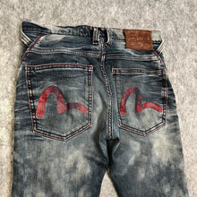 Load image into Gallery viewer, Evisu Blue Red Stitch Acid Wash Y2K Grunge 2000s Ripped Jeans, Waist 28
