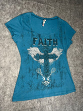 Load image into Gallery viewer, Ransom Faith Gothic Cross Y2K Angel Wing Blue Top, Size XL
